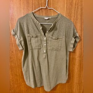 Lucky Brand Olive Short Sleeve Button Front Top